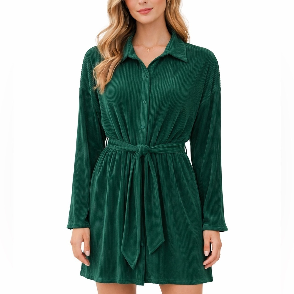 Papermoon Emerald Green Pleated Shirt Dress Belted Mini NWT Large